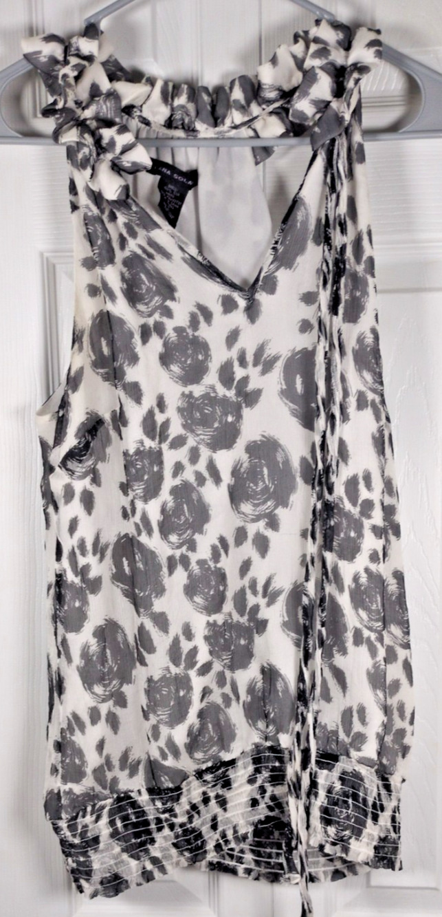 Elena Solano Tank Top Womens Medium White Gray 100% Silk Ruffle V-Neck Smocked